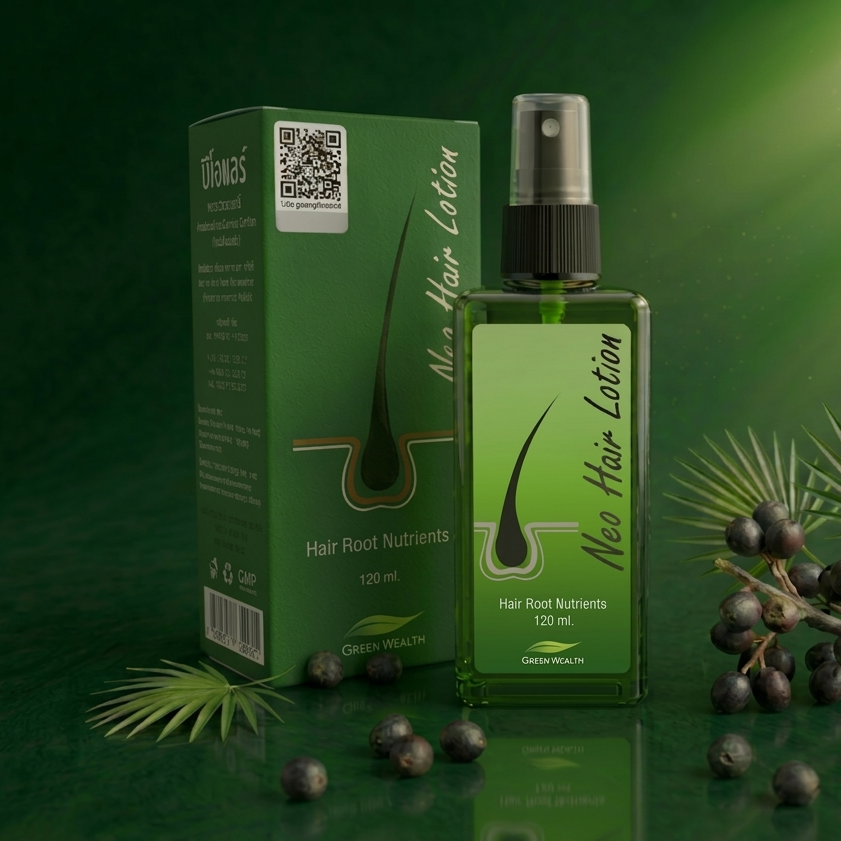 Green bottle of Neo Hair Lotion with leaves and berries on a green background