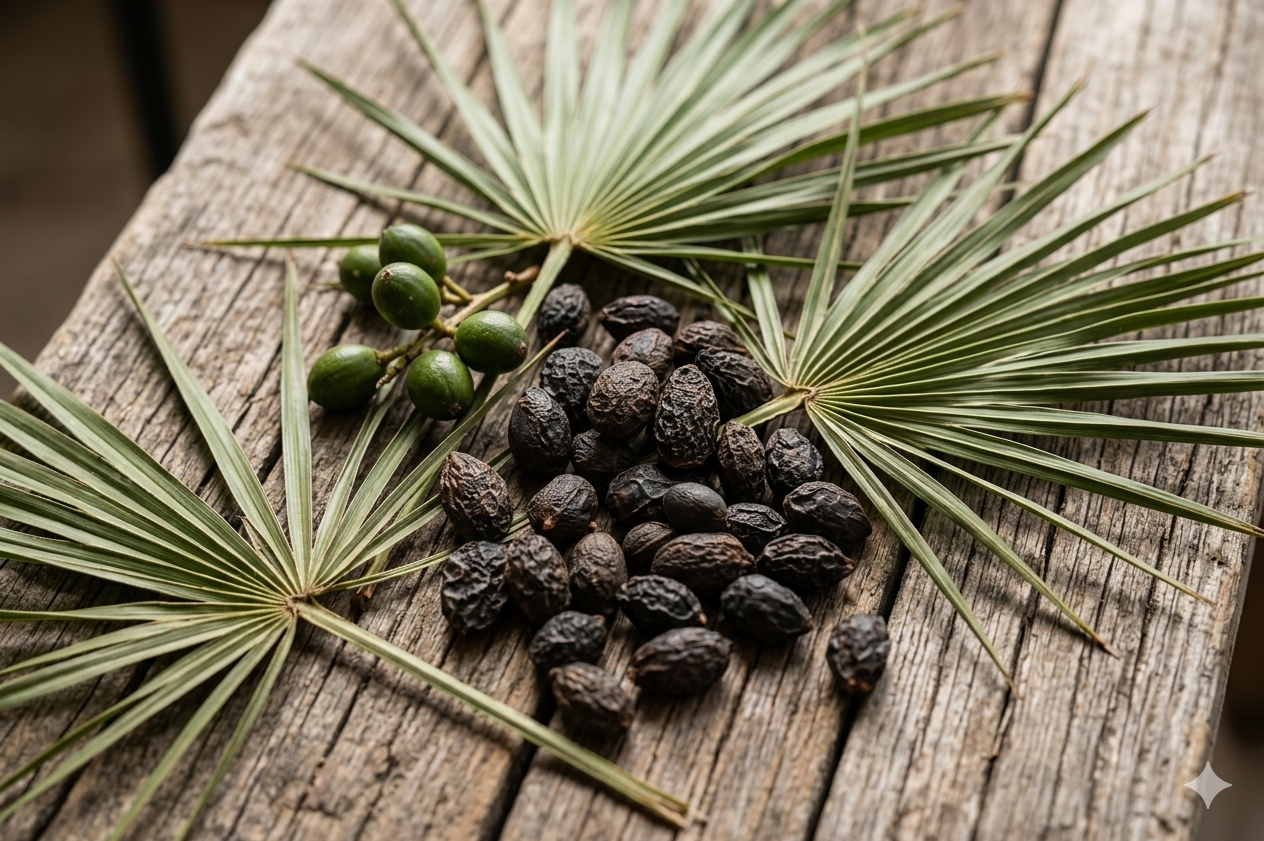 Saw palmetto seeds and leaves on a wooden surface