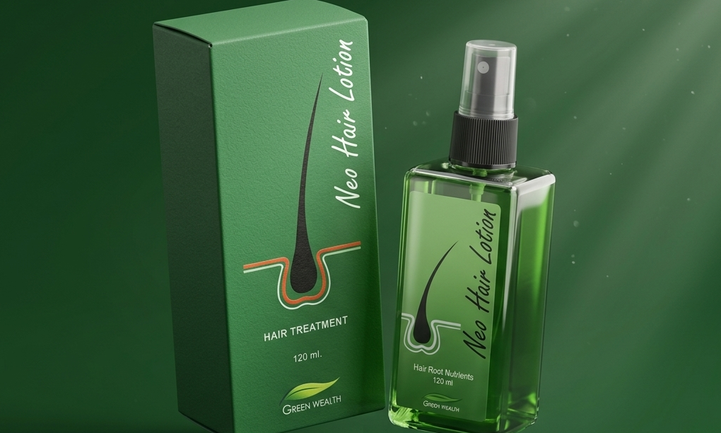 Green hair lotion bottle and packaging on a green background