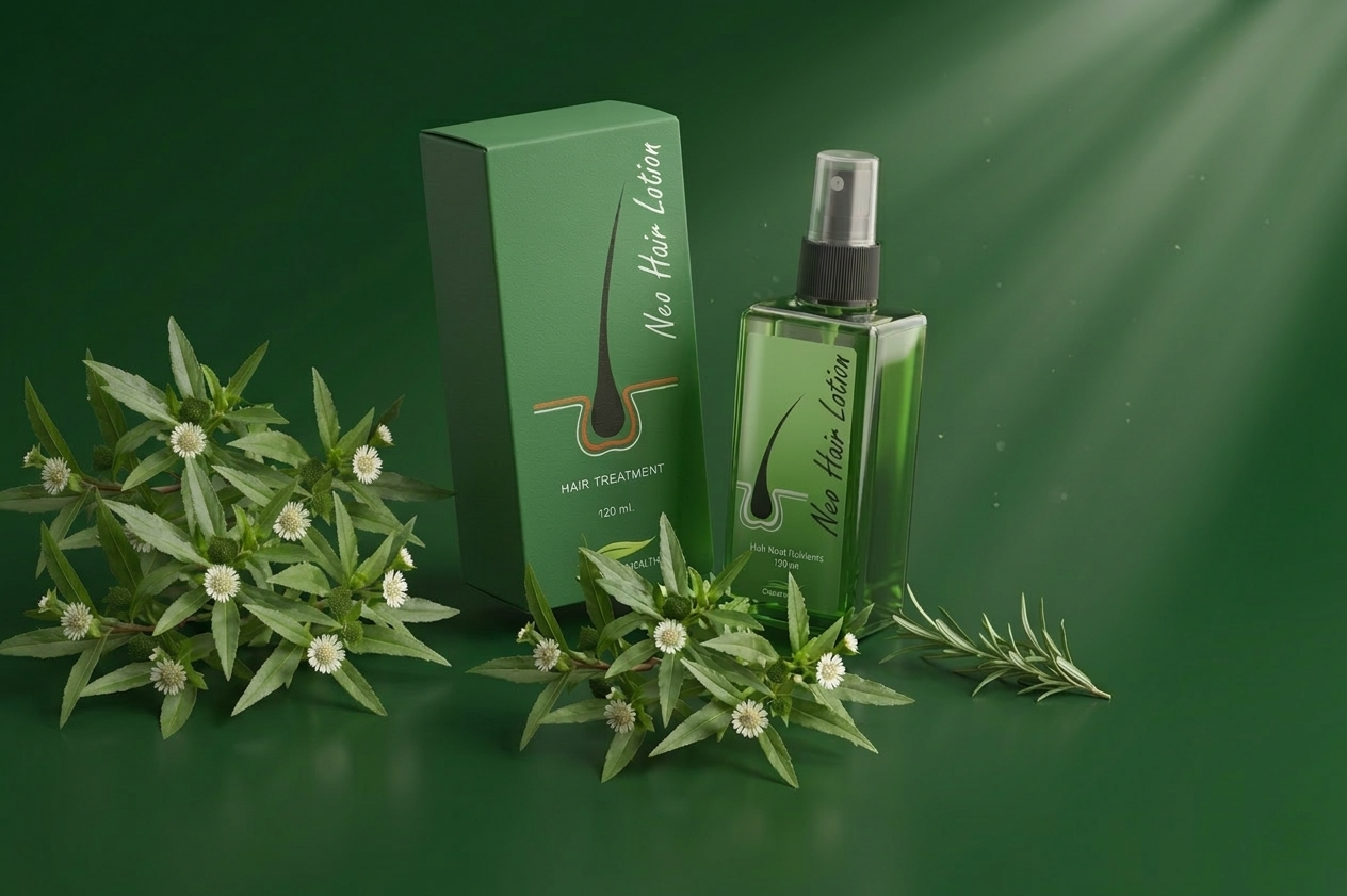 Green hair treatment bottle and packaging with plants on a green background