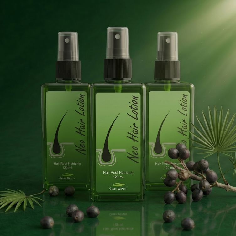 Three green bottles of Neo Hair Lotion with a branch of berries and leaves on a green background