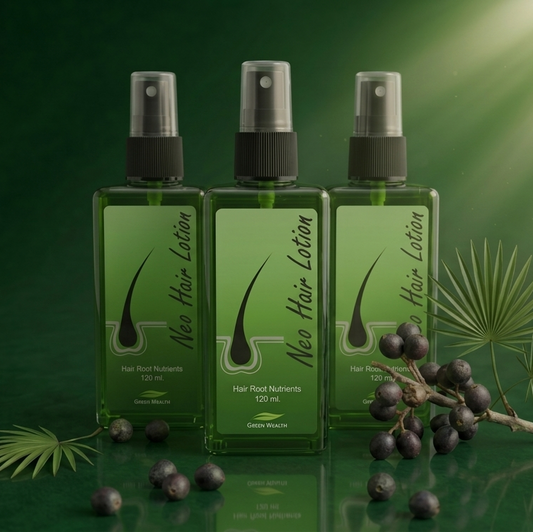 Three green bottles of Neo Hair Lotion with a branch of berries and leaves on a green background