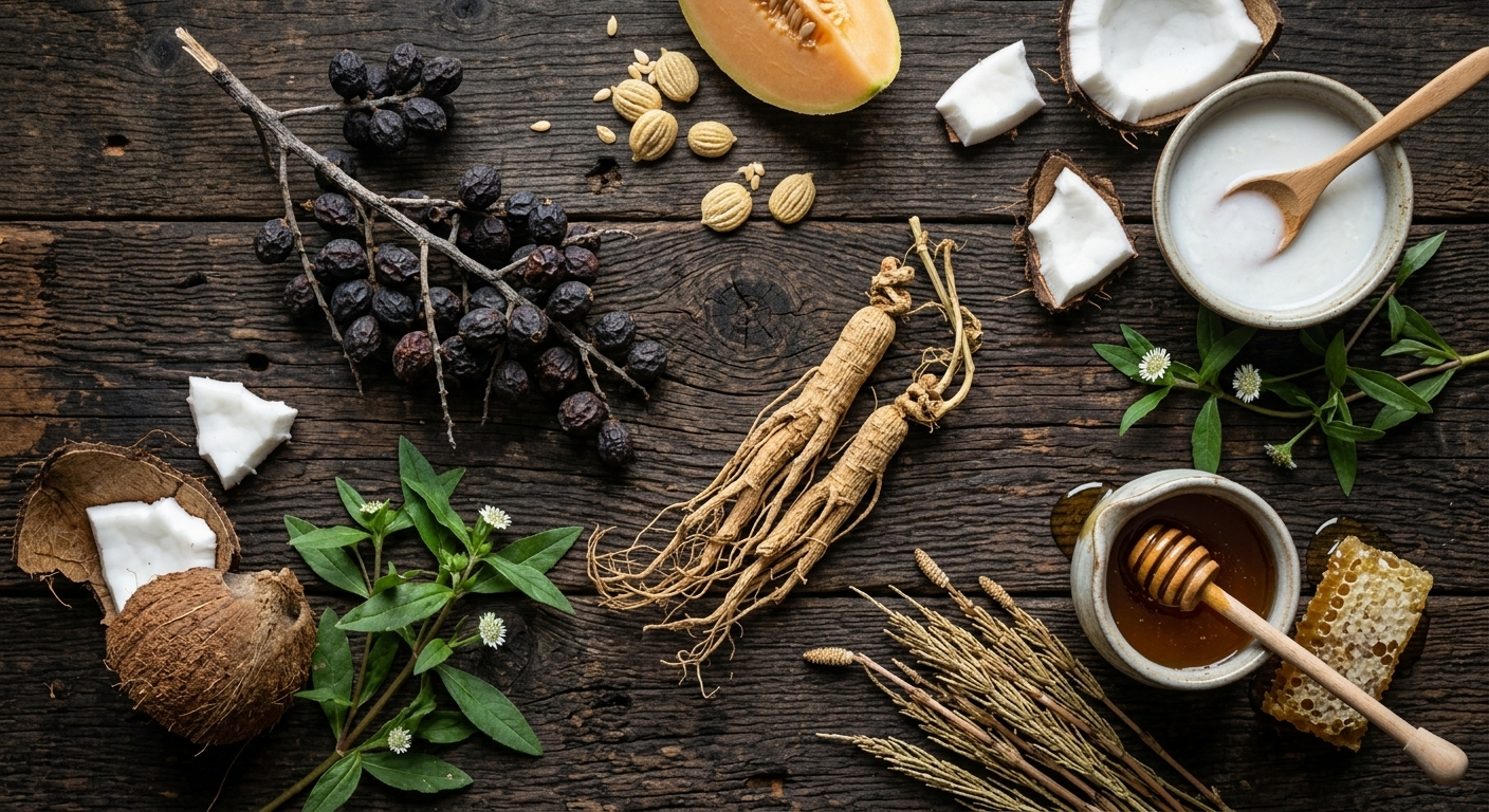 Herbal and natural ingredients on a wooden surface