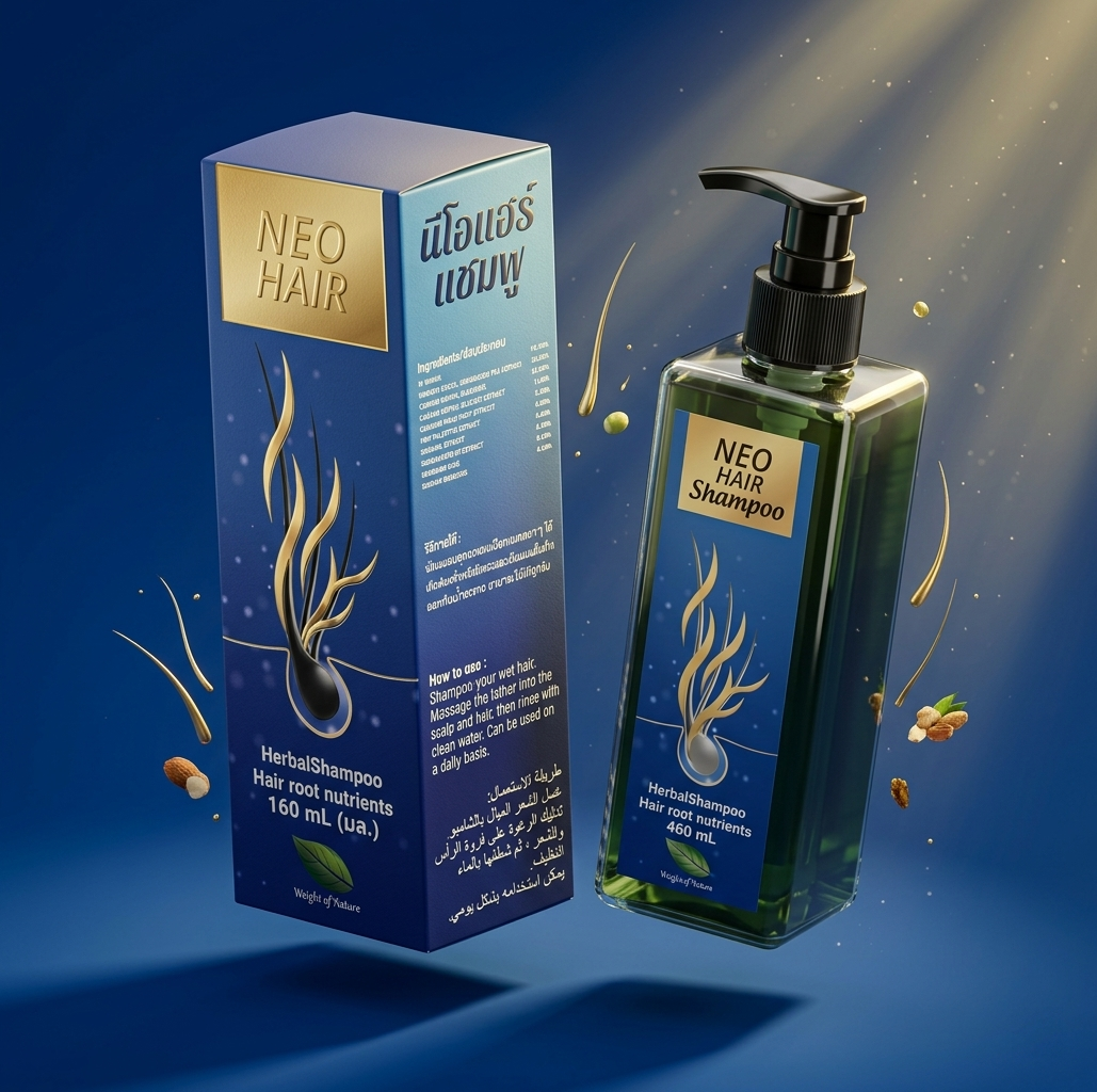 Neo Hair shampoo bottle and packaging on a blue background