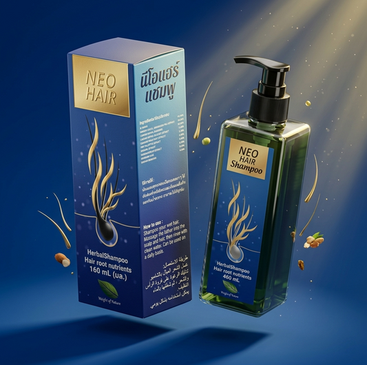 Neo Hair shampoo bottle and packaging on a blue background