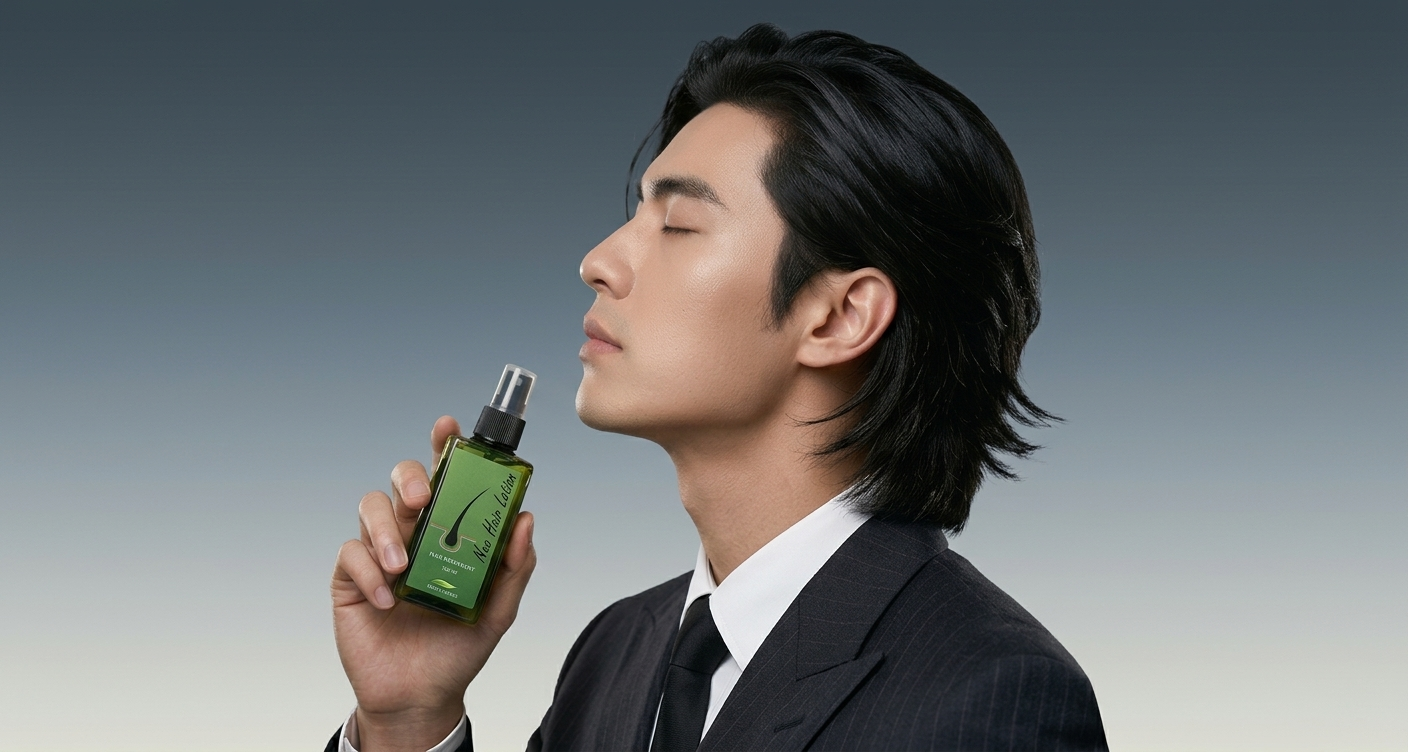 Man in a suit holding Neo Hair Lotion with a gradient background