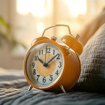 Yellow alarm clock on a bed with soft lighting
